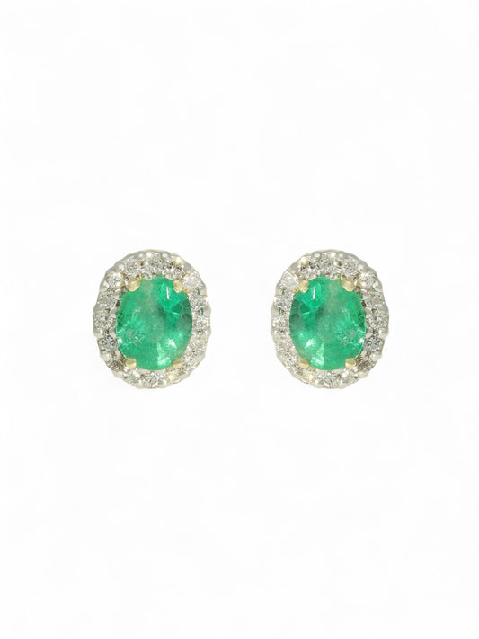 Emerald & Diamond Oval Halo Stud Earrings in 9ct Yellow Gold