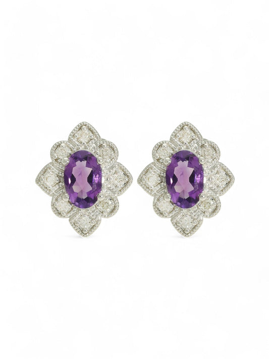 Amethyst & Diamond Floral Stud Earrings in 9ct White Gold