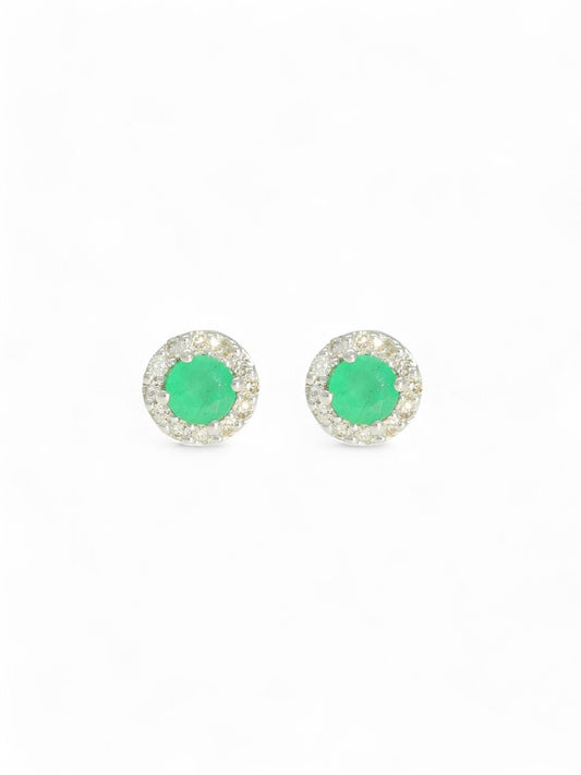 Emerald & Diamond Round Halo Stud Earrings in 9ct White Gold