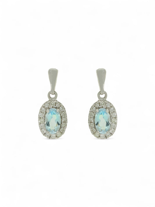 Aquamarine & Diamond Oval Halo Drop Earrings in 9ct White Gold