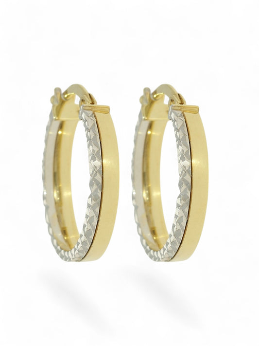 Polished Diamond Cut Hoop Earrings 15mm in 9ct Yellow & White Gold