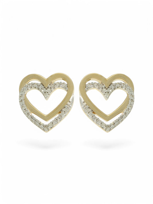 Diamond Double Heart Stud Earrings in 9ct Yellow Gold