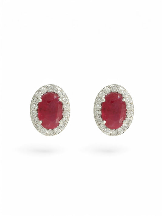 Ruby & Diamond Cluster Oval Stud Earrings in 18ct White Gold