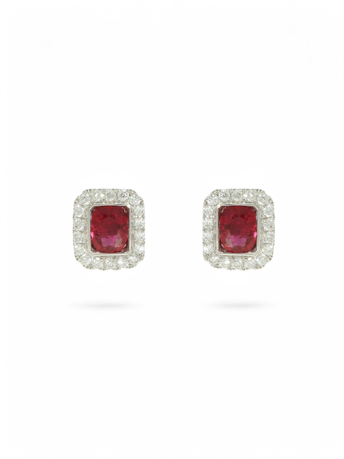 Ruby & Diamond Oval Cut Halo Stud Earrings in 18ct White Gold