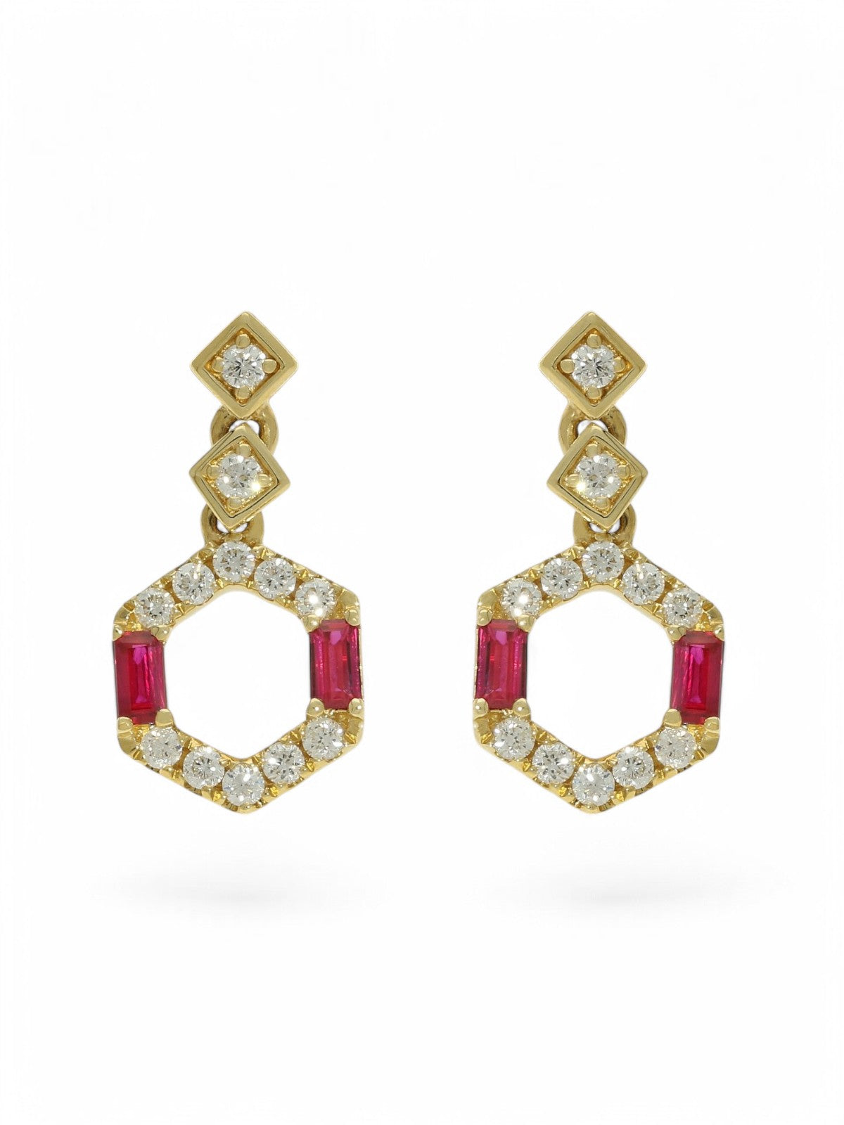 Ruby & Diamond Hexagon Drop Stud Earrings in 18ct Yellow Gold