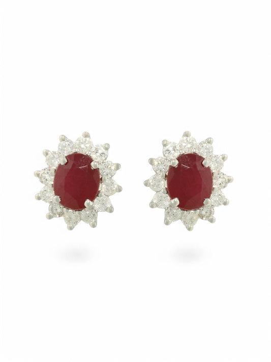 Ruby & Diamond Cluster Earrings in 18ct White Gold