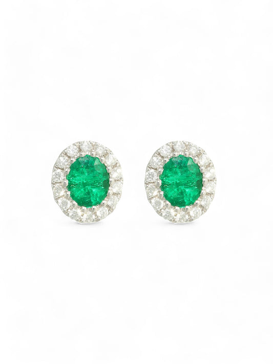 Emerald & Diamond Cluster Earrings in 18ct White Gold