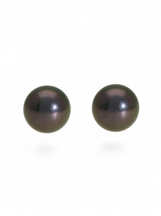 Black Cultured Pearl Stud Earrings 9mm in 9ct Yellow Gold