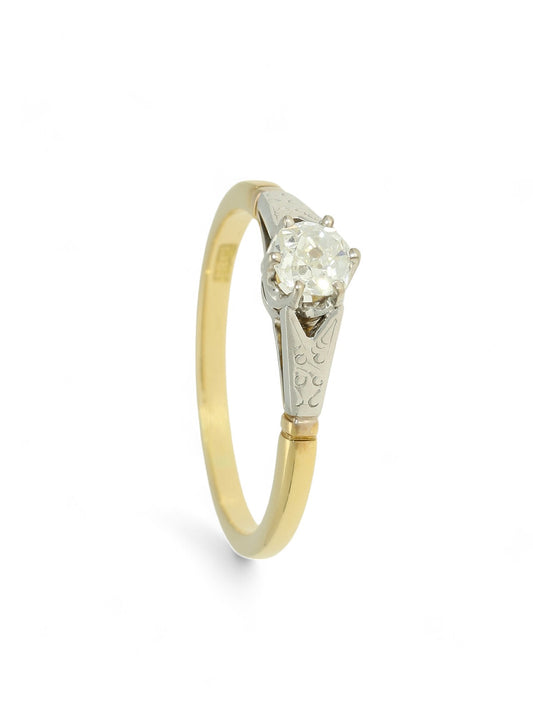 Pre Owned Diamond Solitaire Ring 0.40ct Old Victorian Cut in 18ct Yellow and White Gold with Patterned Shoulders