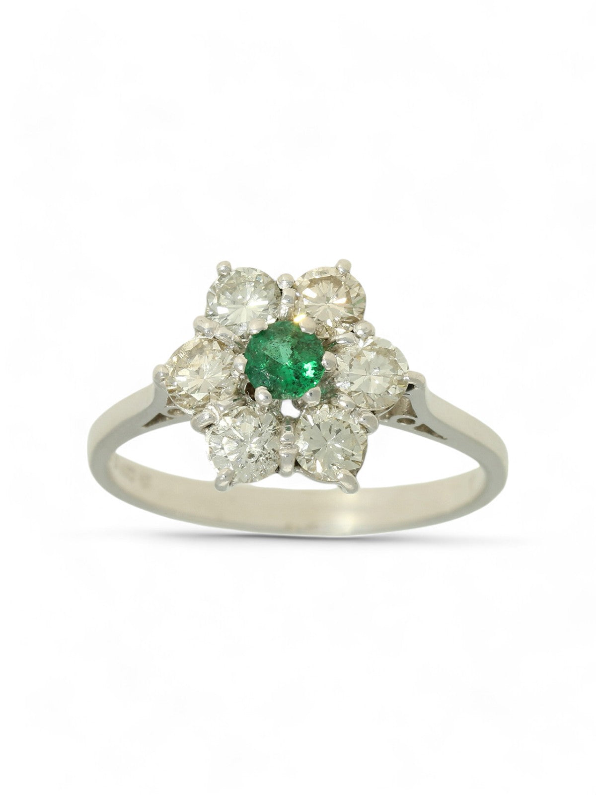 Pre Owned Emerald & Diamond Cluster Ring in 18ct White Gold