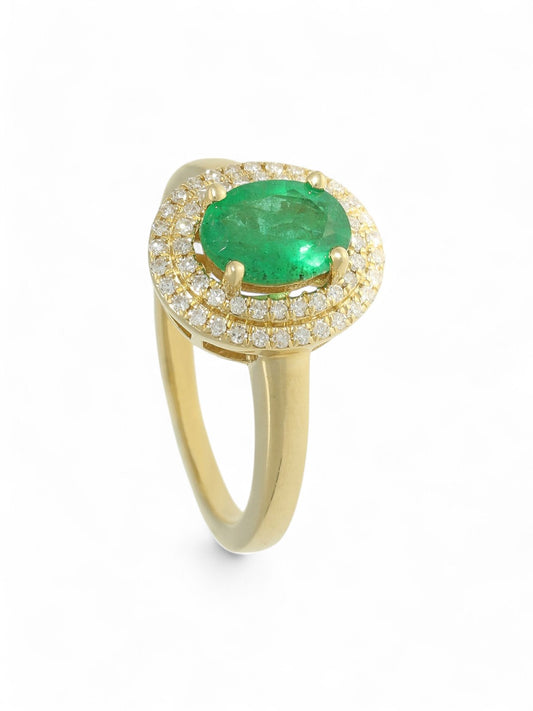 Pre Owned Emerald & Diamond Cluster Ring in 14ct Yellow Gold