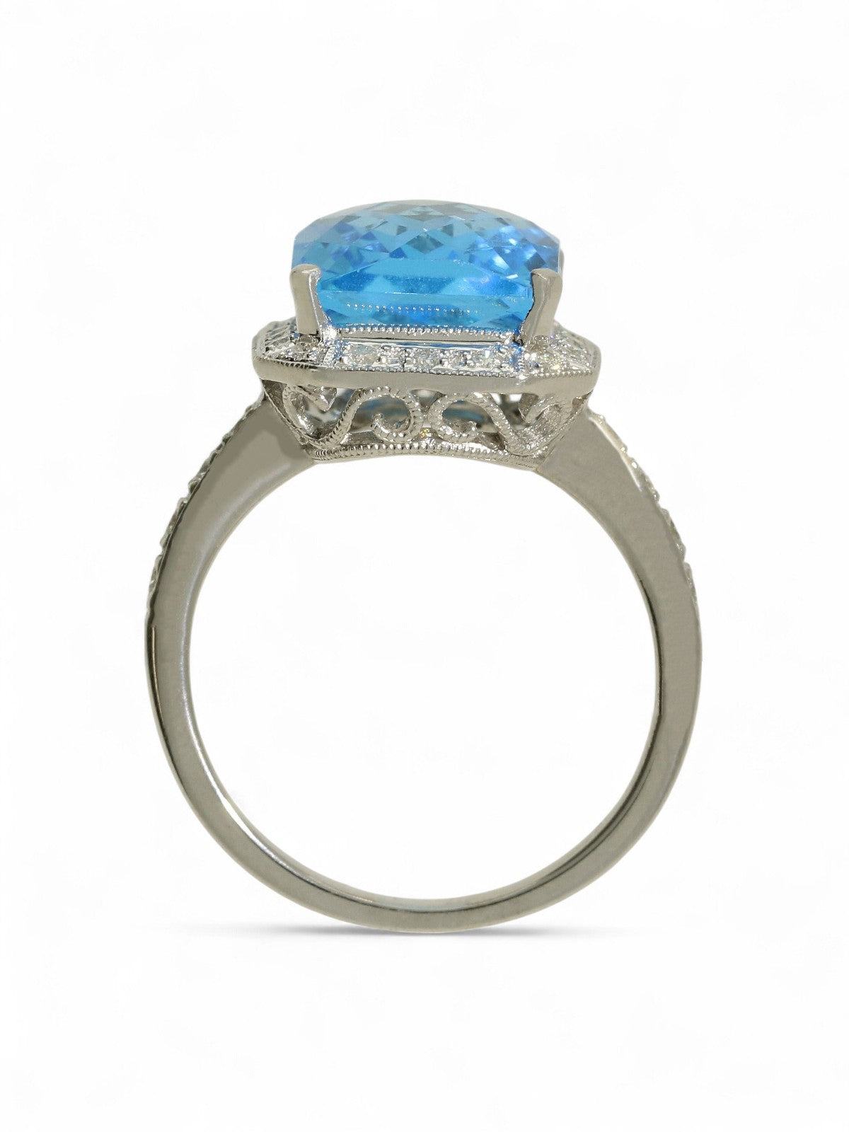Pre Owned Blue Topaz & Diamond Halo Dress Ring in 18ct White Gold