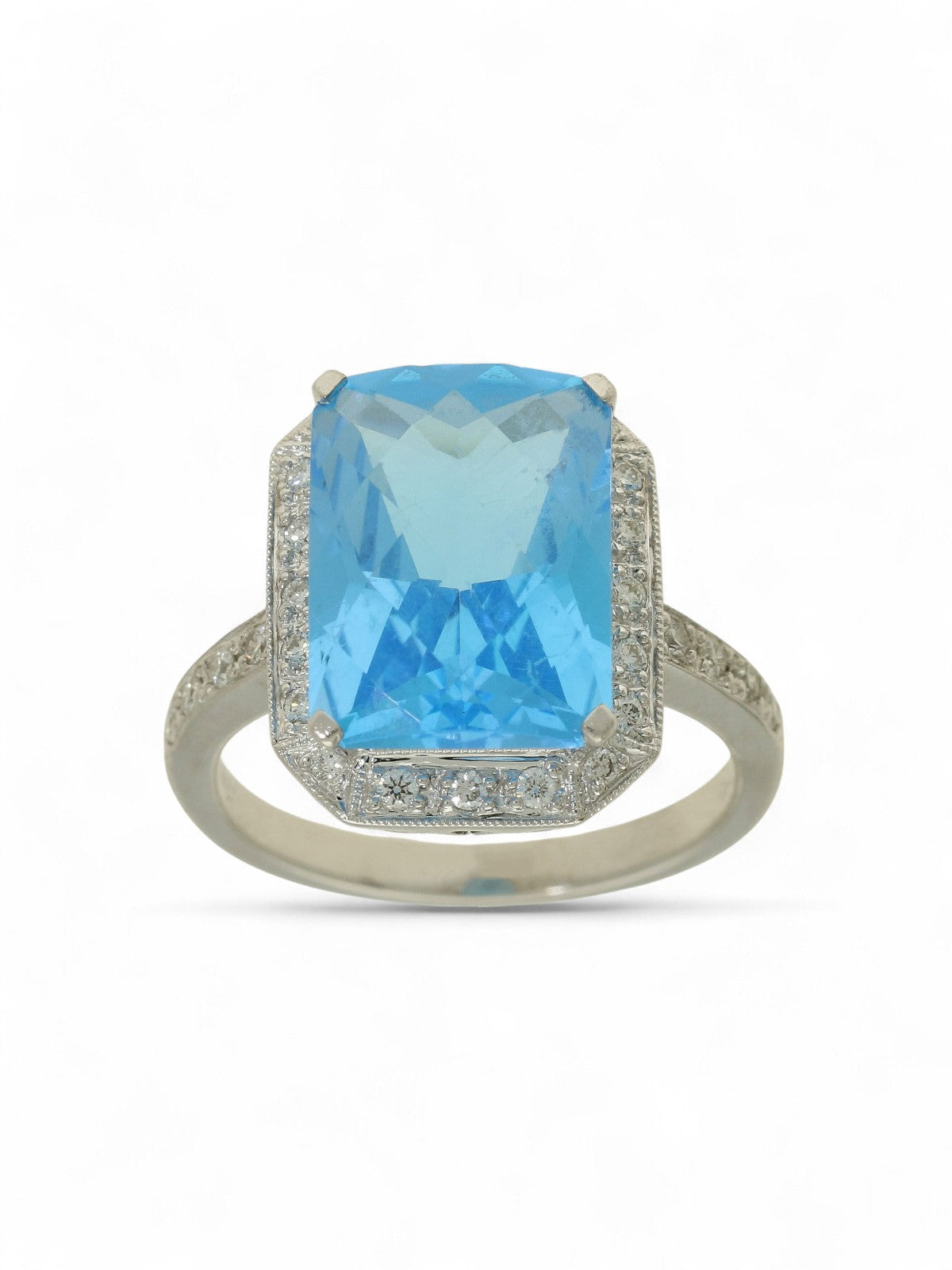 Pre Owned Blue Topaz & Diamond Halo Dress Ring in 18ct White Gold