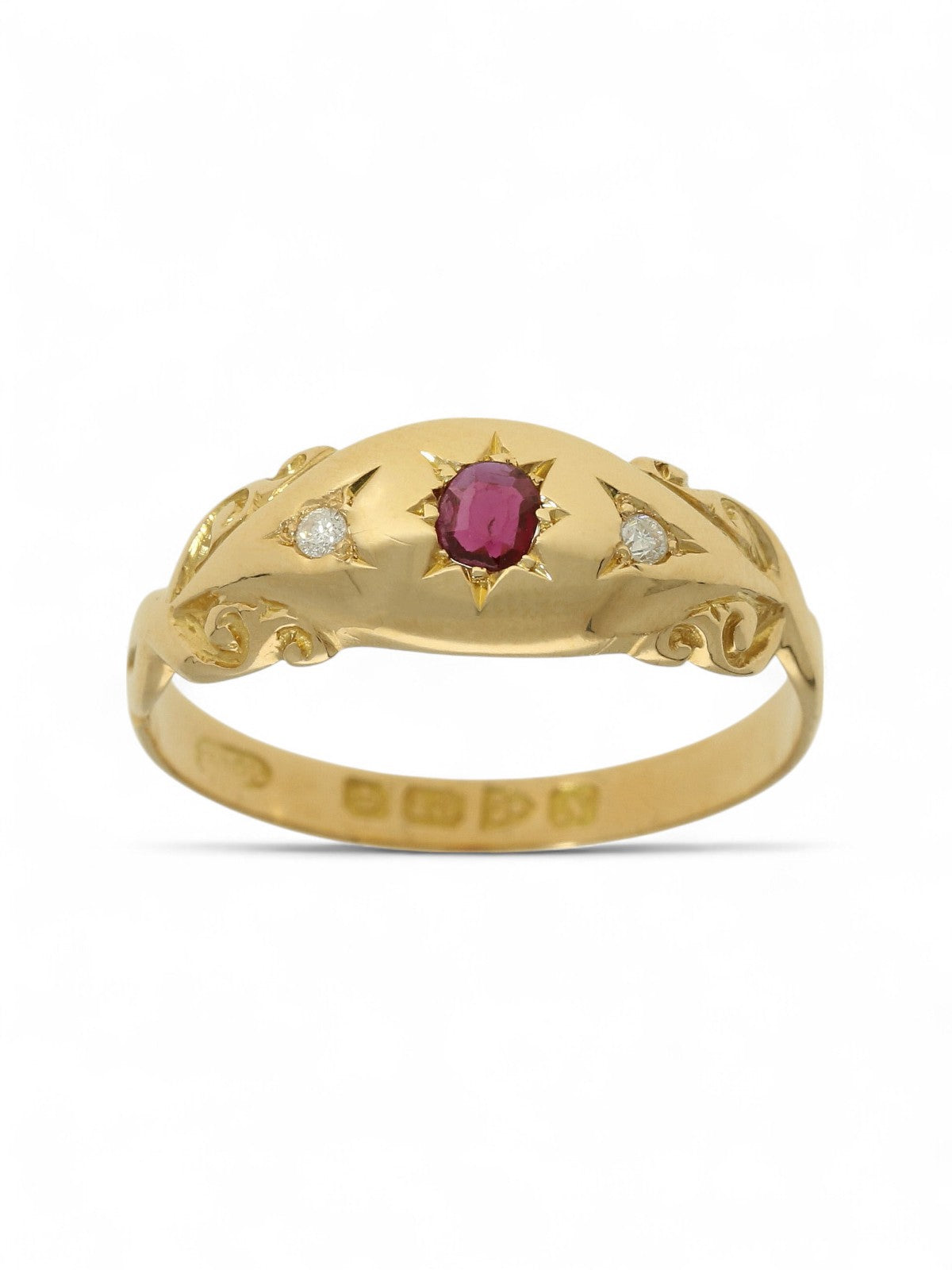 Pre Owned Ruby & Diamond Antique Dress Ring in 18ct Yellow Gold