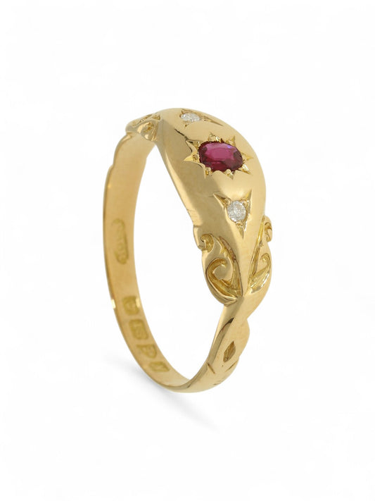 Pre Owned Ruby & Diamond Antique Dress Ring in 18ct Yellow Gold