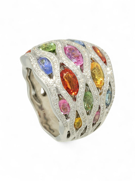 Pre Owned Multi-Colour Sapphire & Diamond Cluster Ring in 18ct White Gold