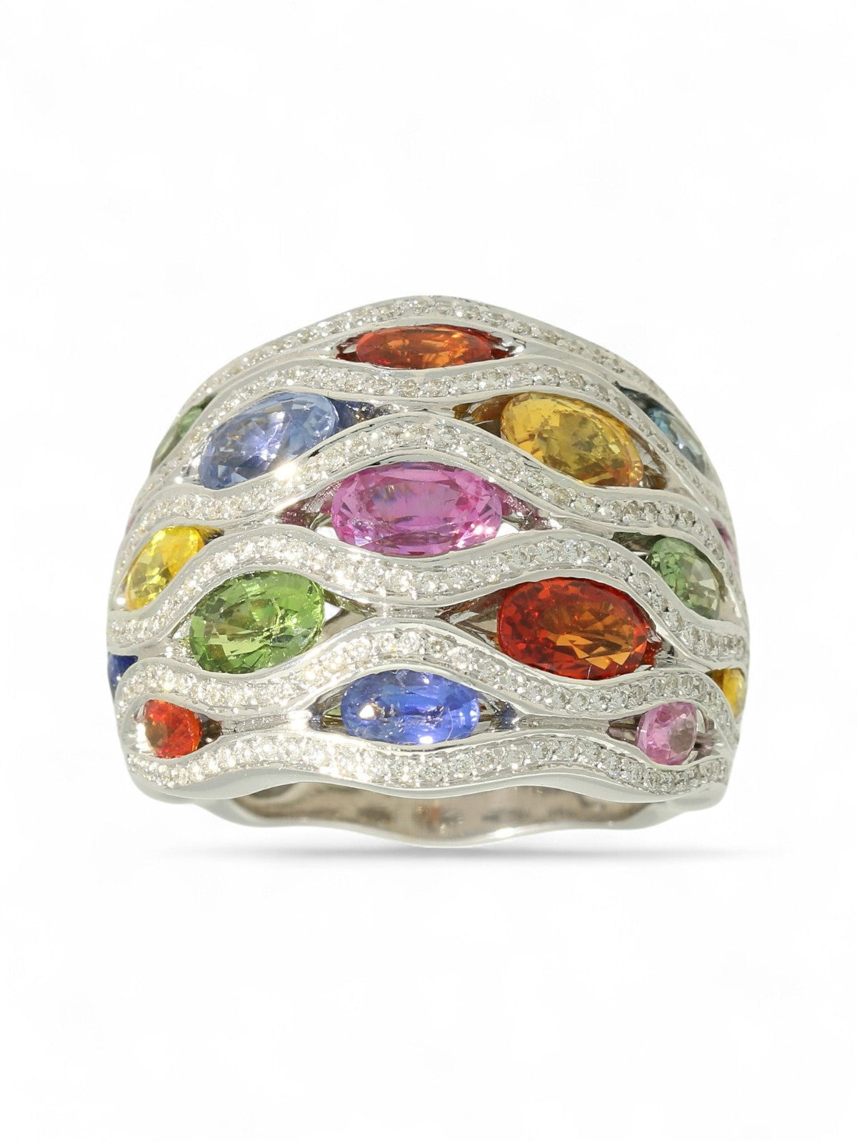 Pre Owned Multi-Colour Sapphire & Diamond Cluster Ring in 18ct White Gold