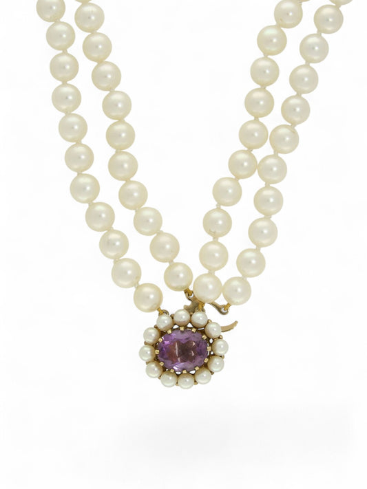 Pre Owned Cultured Pearl Double Row Necklace with Amethyst & Pearl Clasp in 9ct Yellow Gold