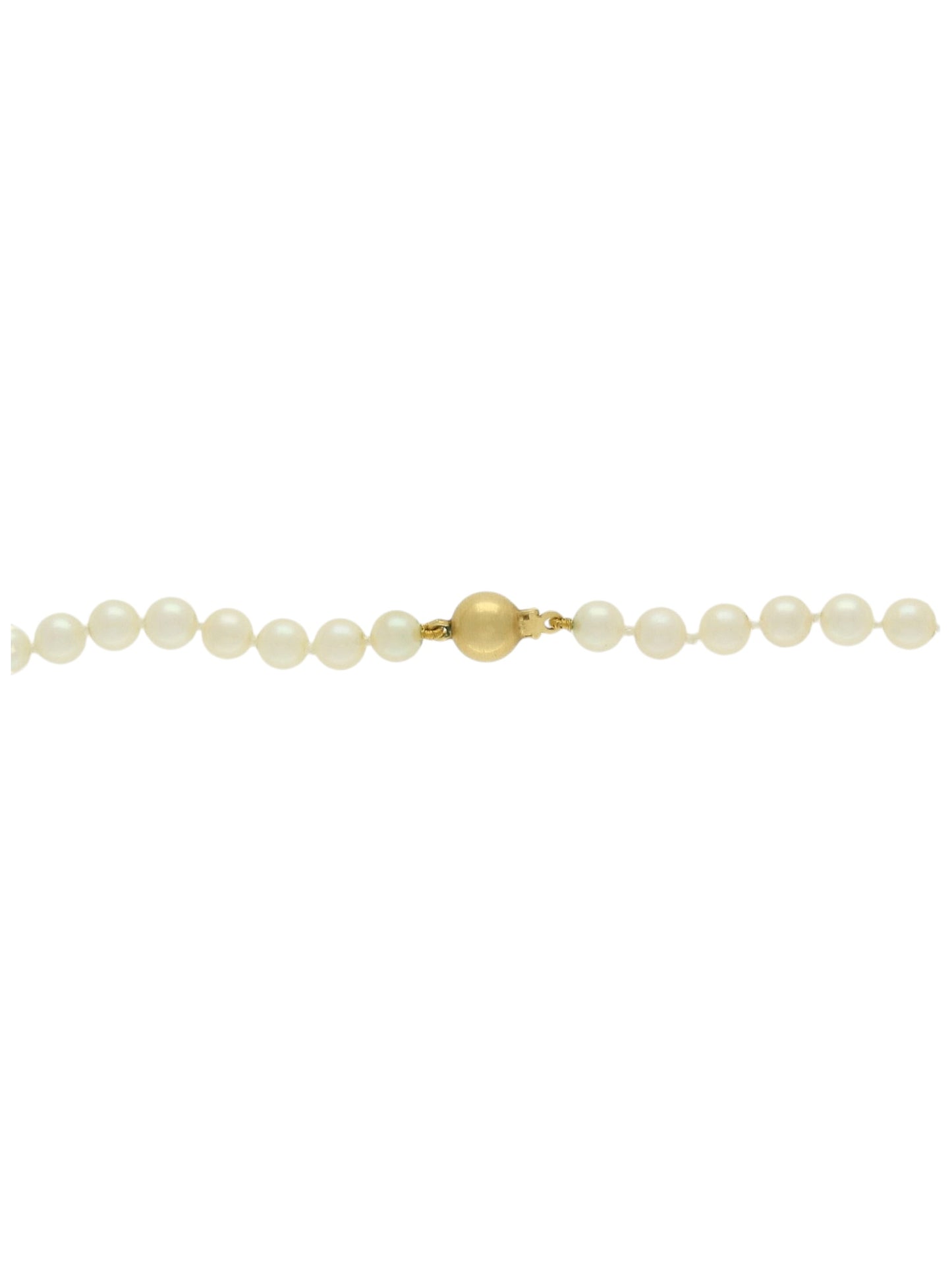 Single-row of white pearls with yellow-gold ball clasp on a white background.