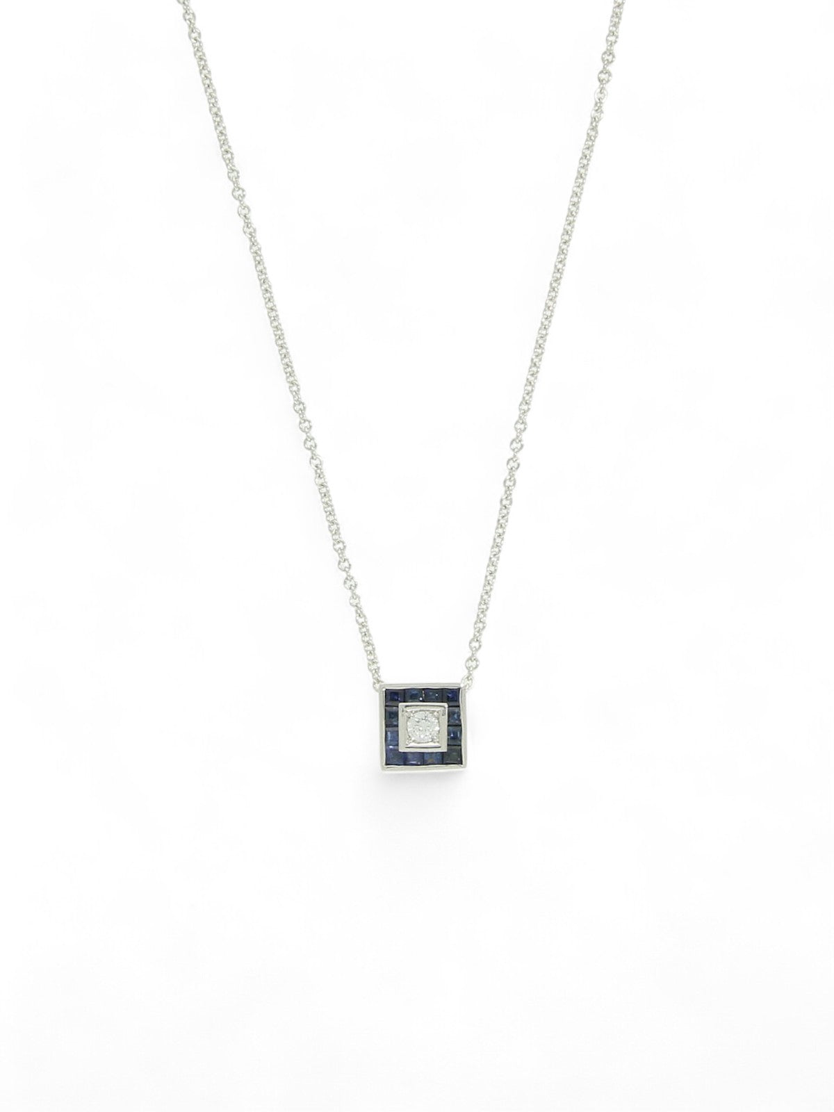 Pre Owned Sapphire & Diamond Square Pendant Necklace in 18ct White Gold