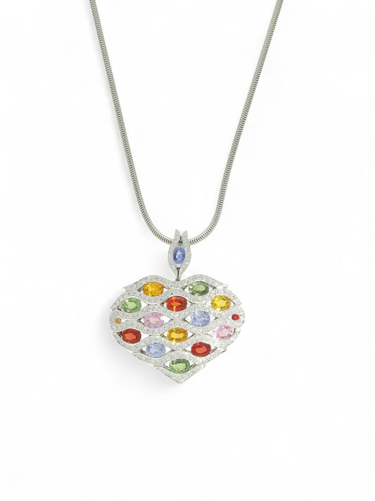 Pre Owned Multi-Colour Sapphire & Diamond Heart Pendant Necklace in 18ct White Gold