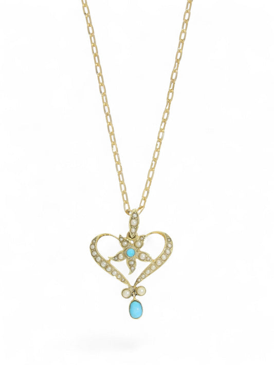 Pre Owned Seed Pearl & Turquoise Edwardian Pendant Necklace in 15ct Yellow Gold