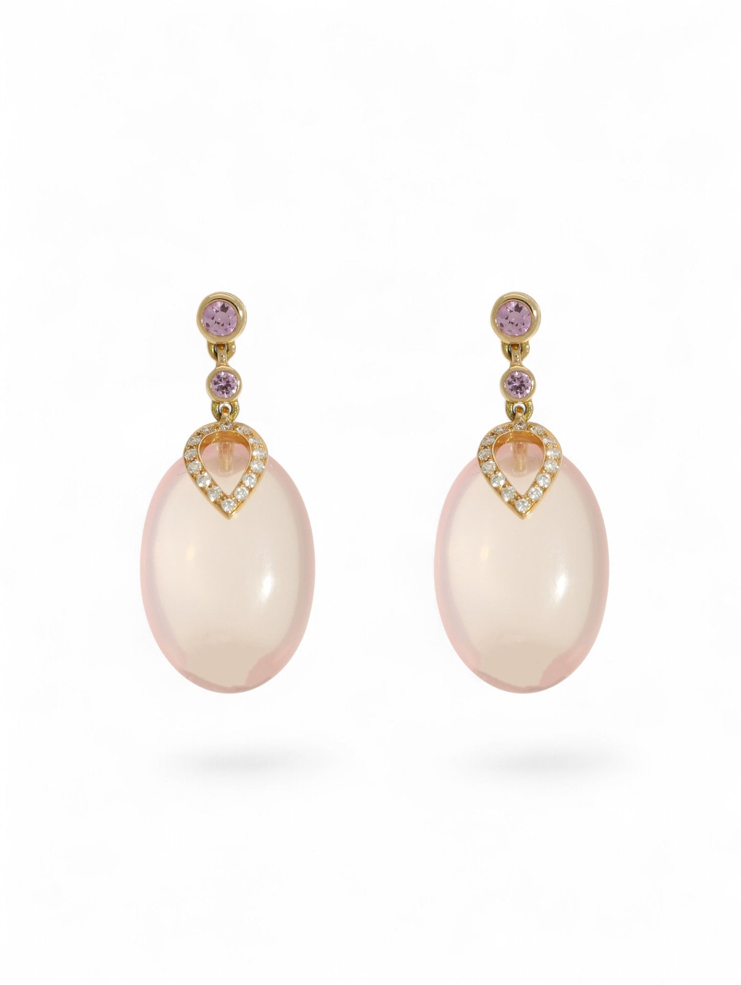 Rose quartz, pink sapphire & diamond drop earrings in 18ct rose gold on a white background.