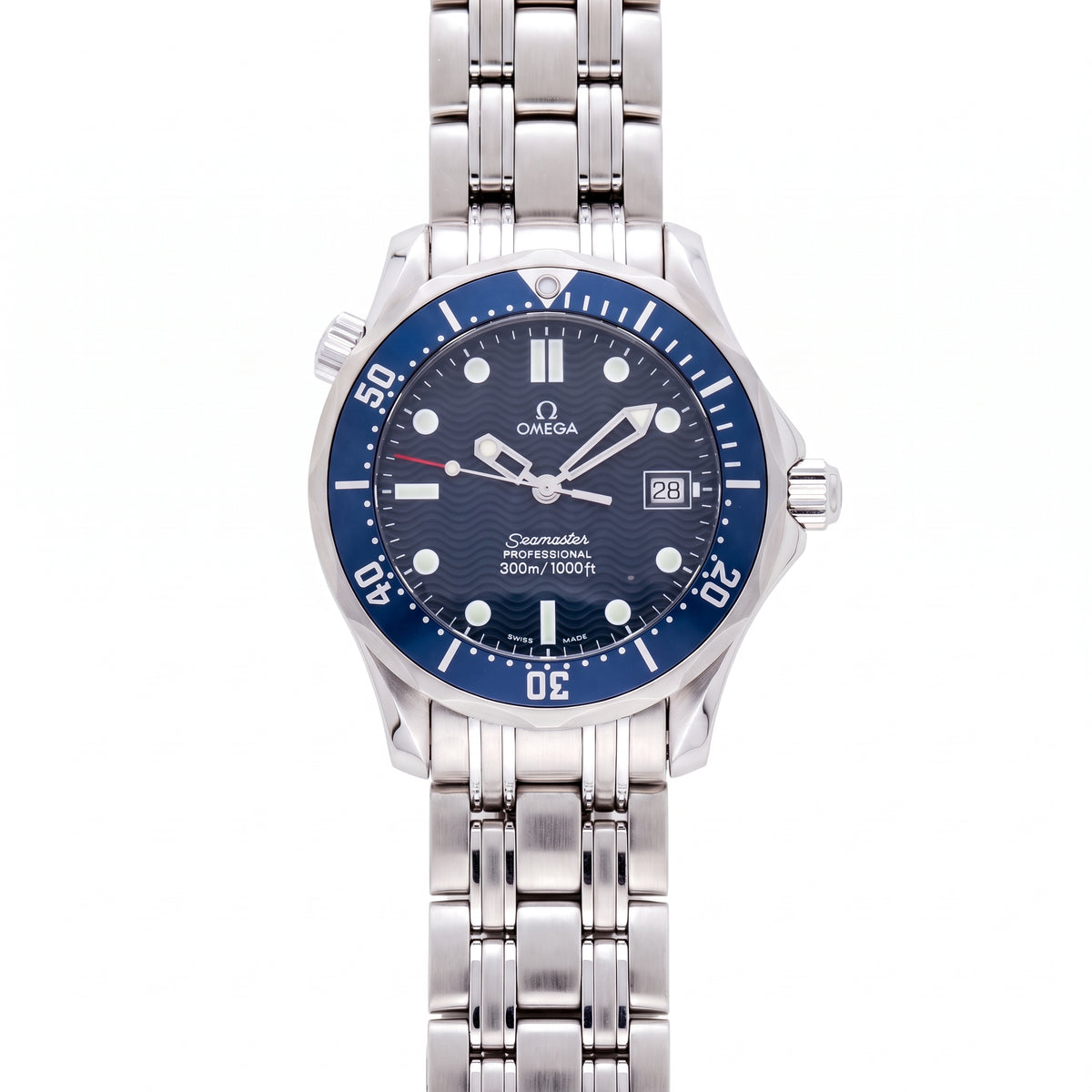 Omega Seamaster 300 with 38mm case, steel bracelet & blue dial on a white background.