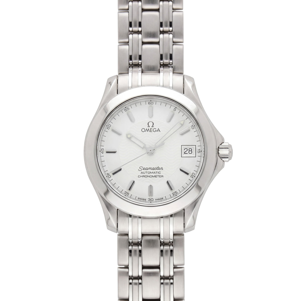 Omega Seamaster with 38mm case, steel bracelet & white dial on a white background.