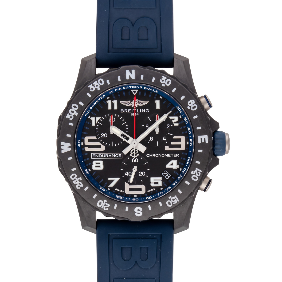 Breitling Endurance Pro with 44mm case, navy blue rubber strap and black dial on a white background.