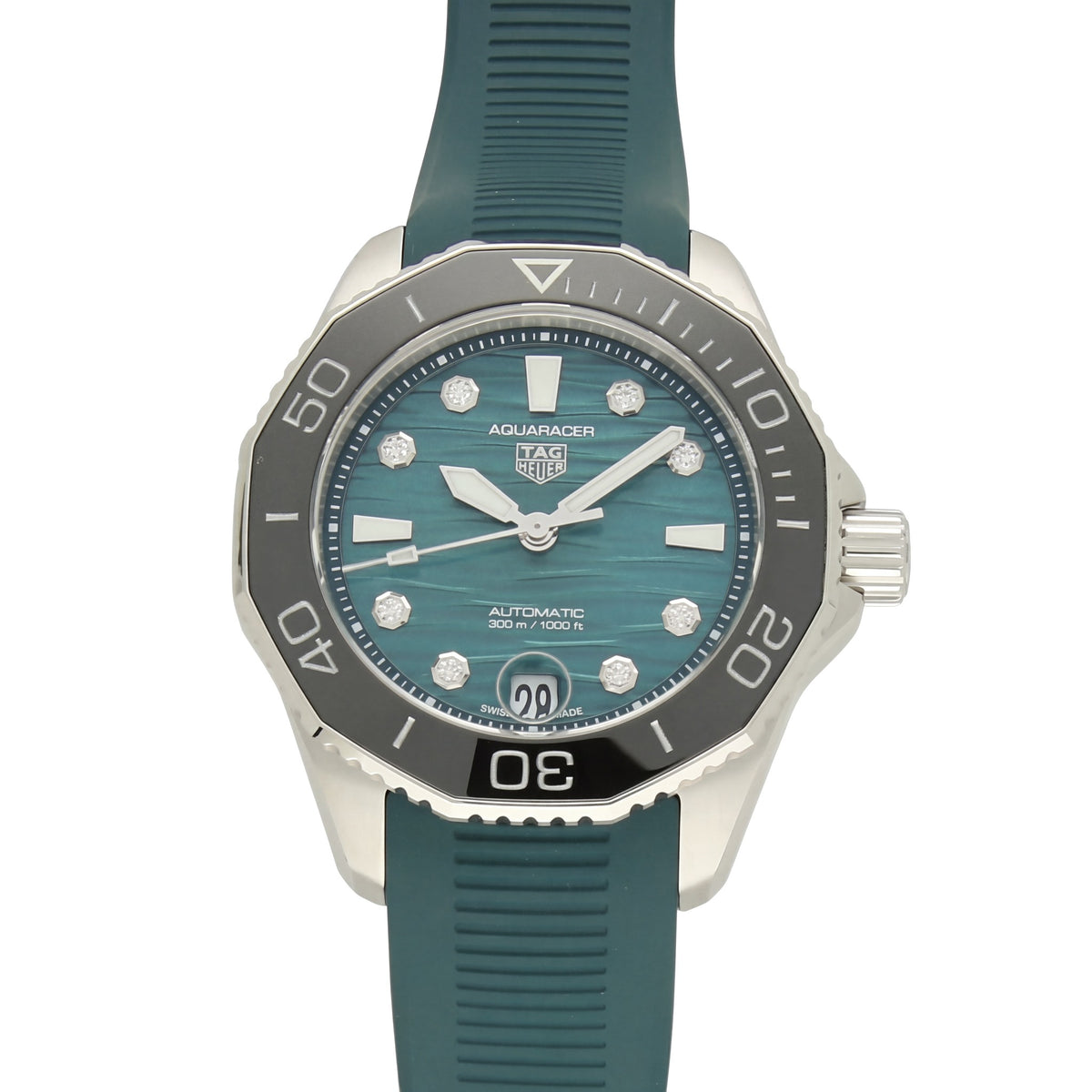 Pre-Owned TAG Heuer Aquaracer 36mm with Green Rubber Strap & Green, Diamond-set Dial