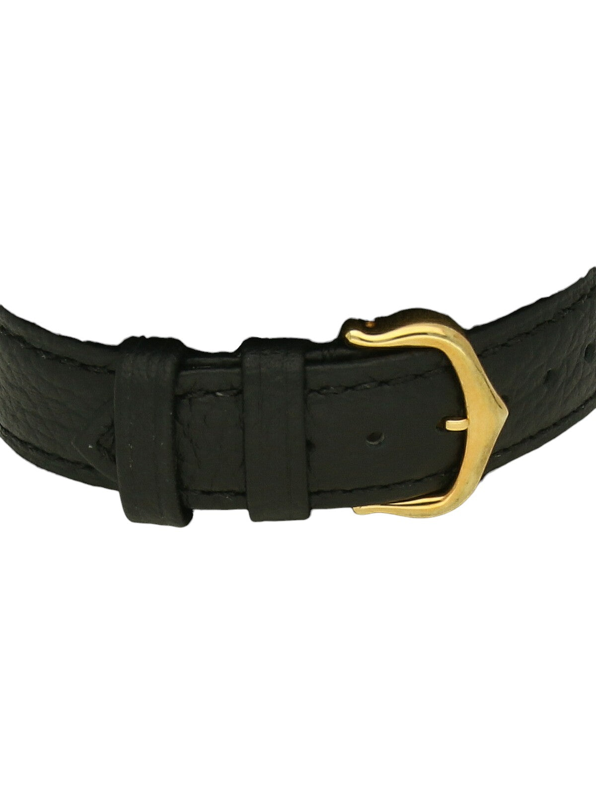 Black leather strap with yellow gold buckle on a white background.