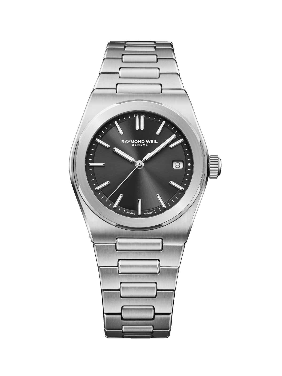 Raymond Weil A.R.T with steel bracelet and black dial on a white background.
