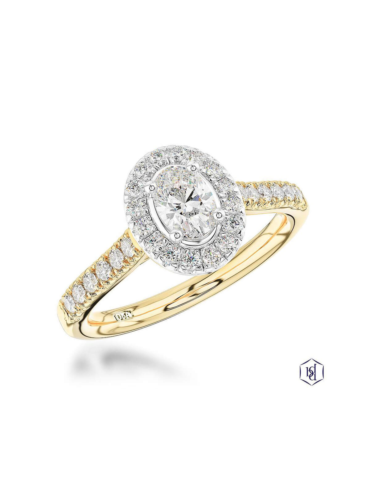 Skye Oval Diamond Halo Ring in 18ct Yellow Gold & Platinum with Diamond Set Shoulders