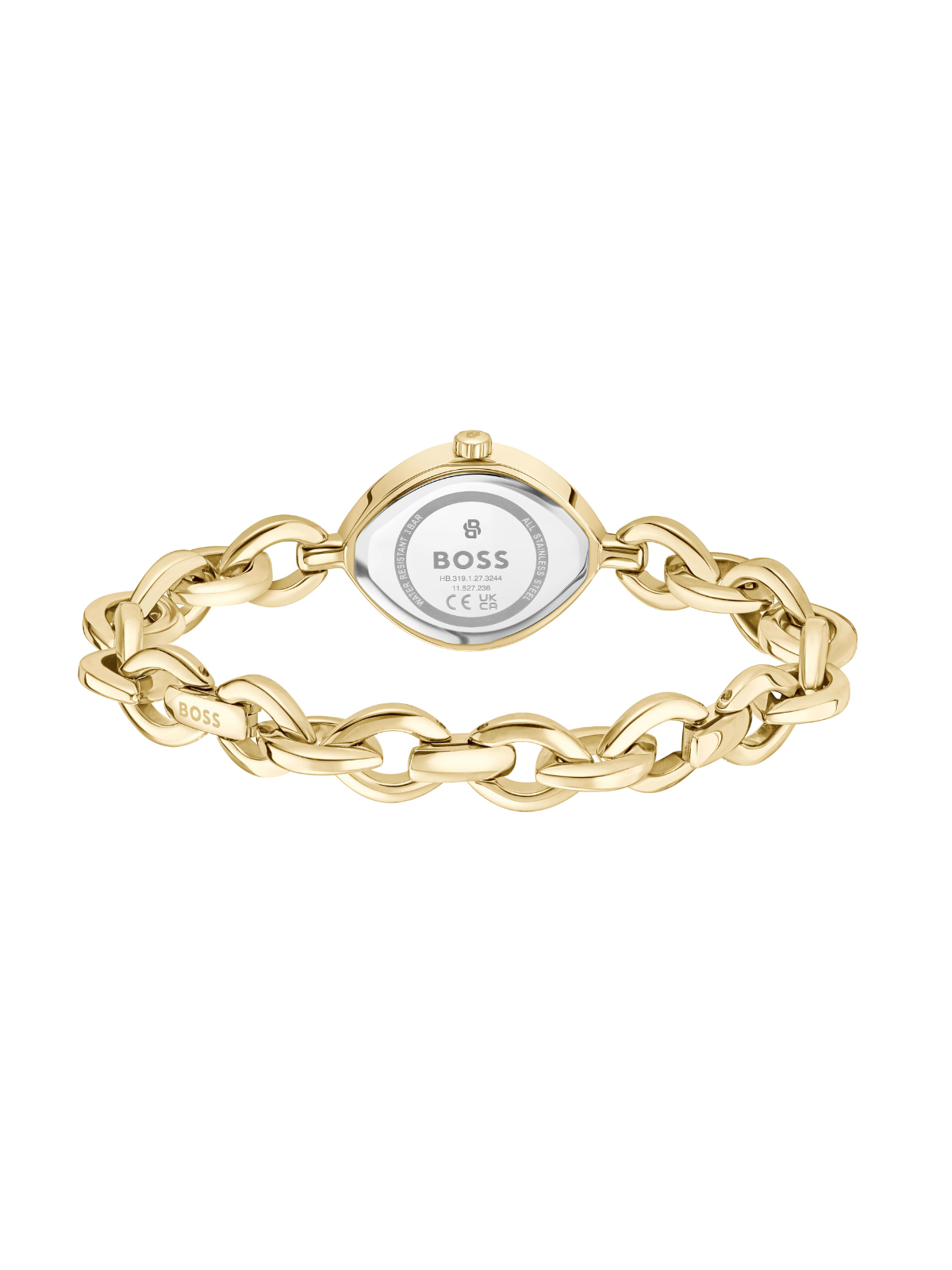 BOSS gold-tone watch on bracelet with gold dial on a white background.