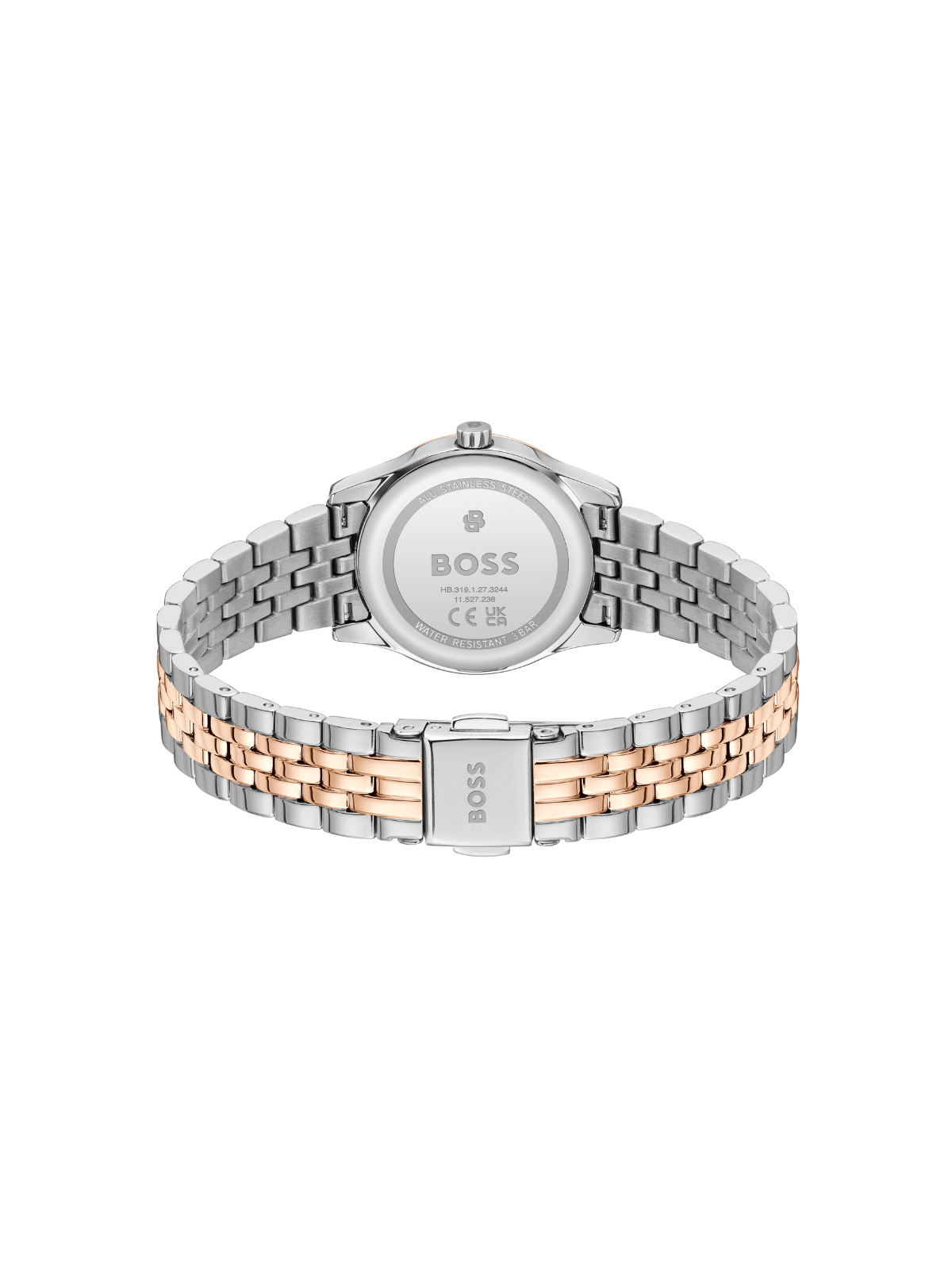 BOSS Graceful Mina watch with a steel and rose gold-tone bracelet and pink dial, on a white background.