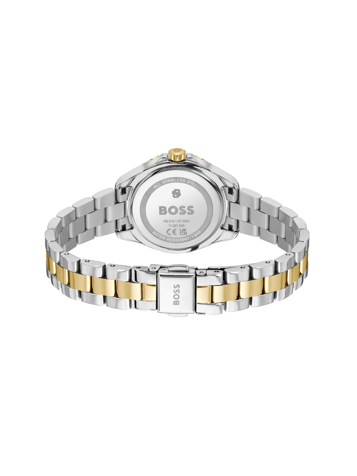 BOSS Sage Aqua steel and yellow gold-tone watch on bracelet with white dial, on a white background.