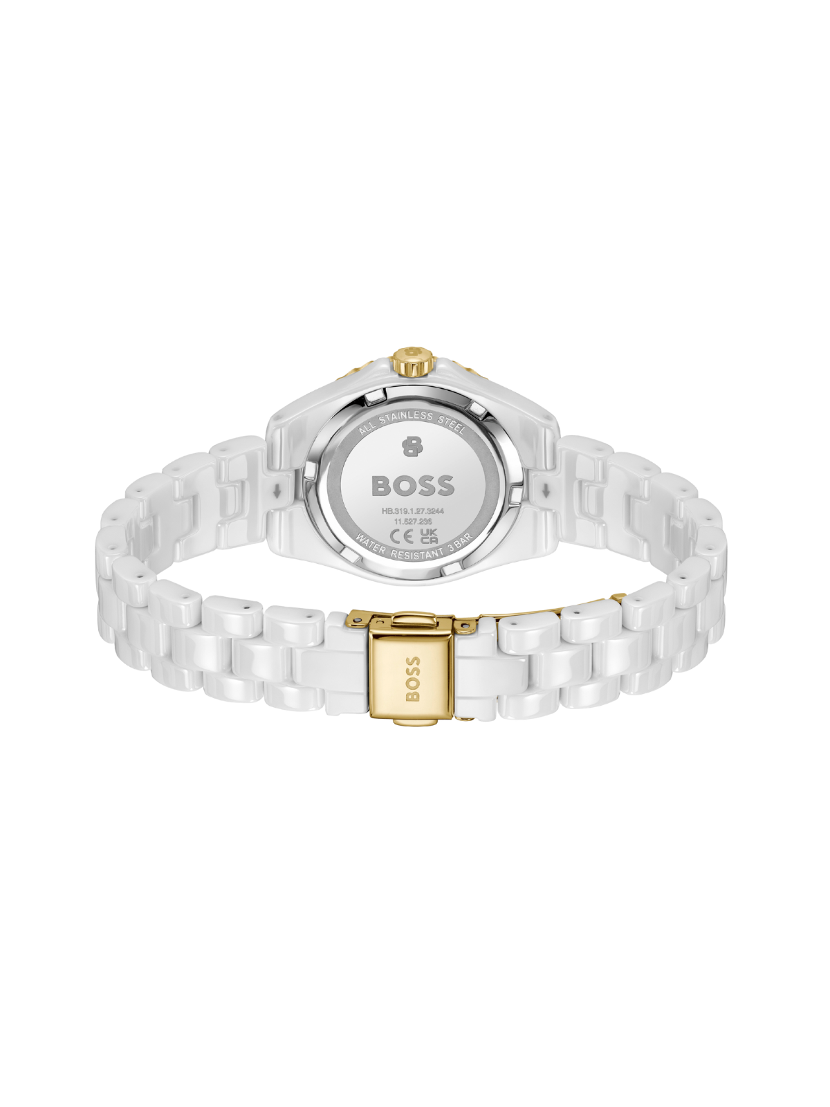 BOSS Sage Aqua white ceramic watch on bracelet with a white dial, on a white background.