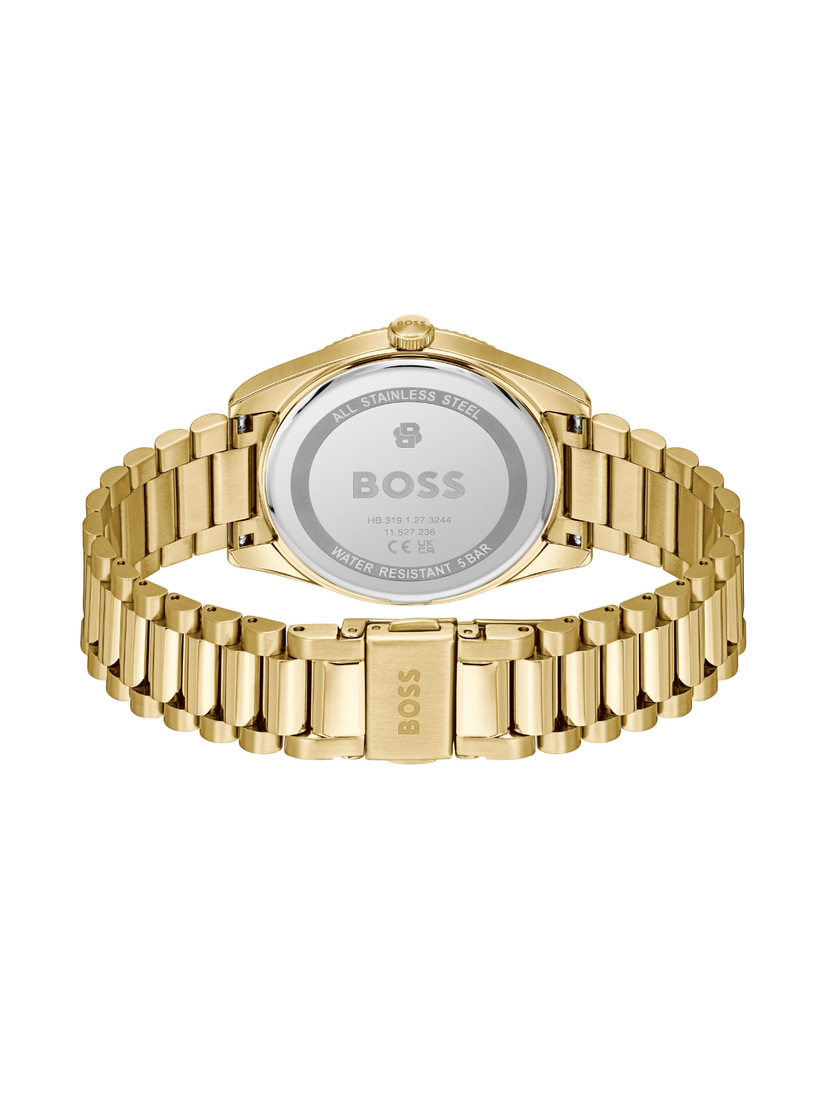 BOSS Cheswick watch with gold-tone bracelet and black dial on a white background.
