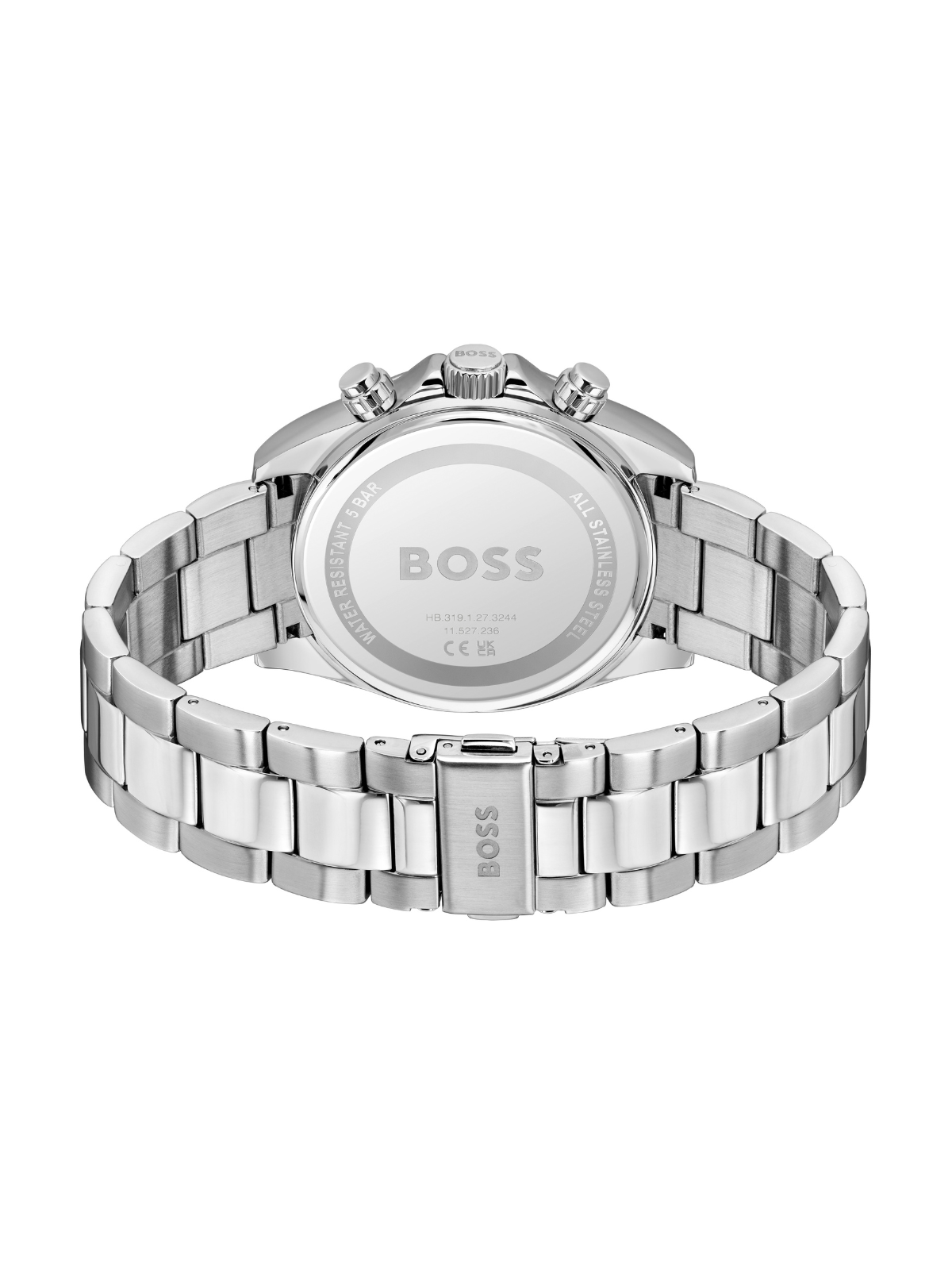 BOSS Hero 2.0 Chronograph watch with a steel bracelet and blue dial on a white background.