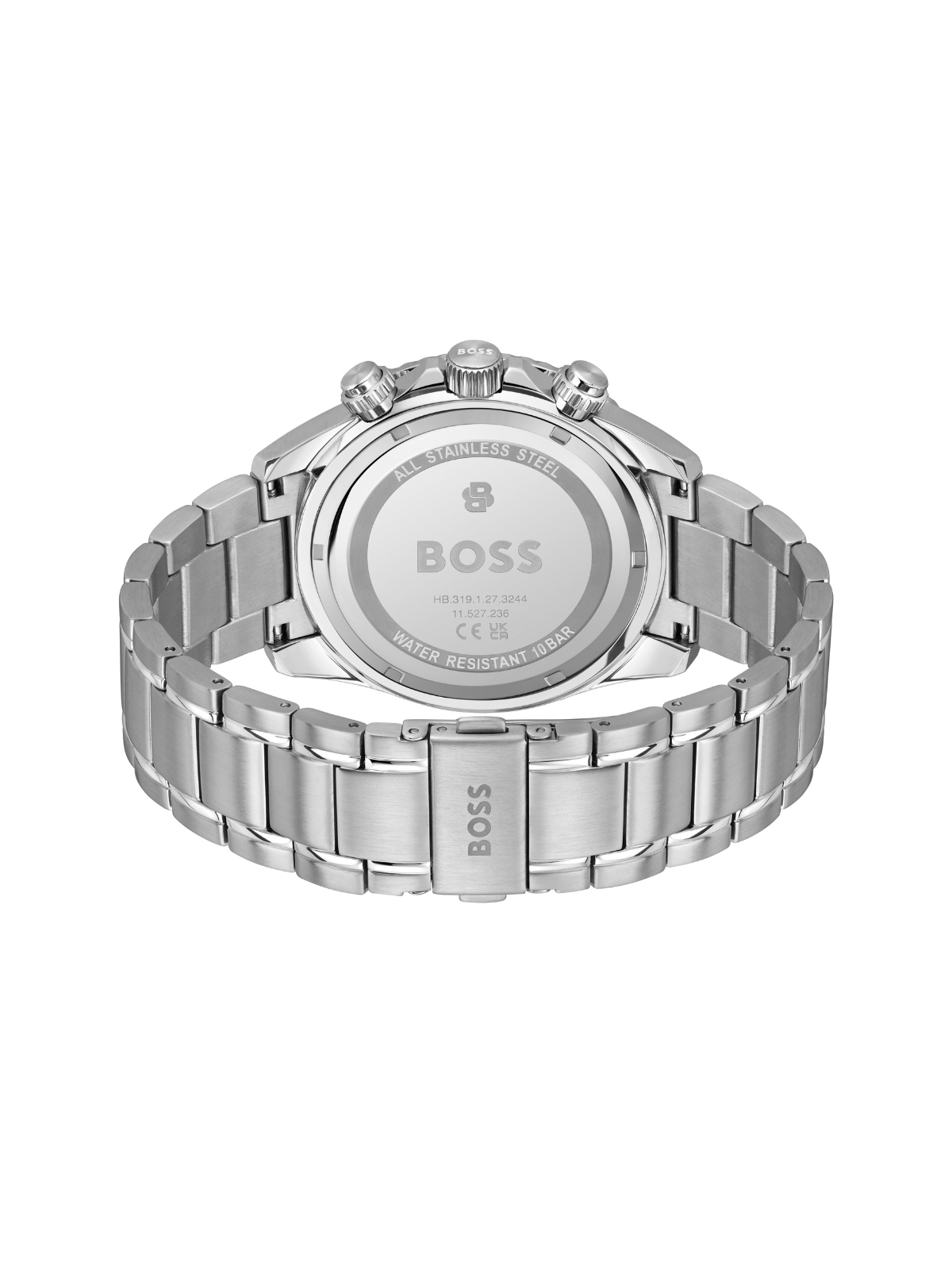 BOSS Sealiner Chronograph watch with a steel bracelet and blue dial on a white background.