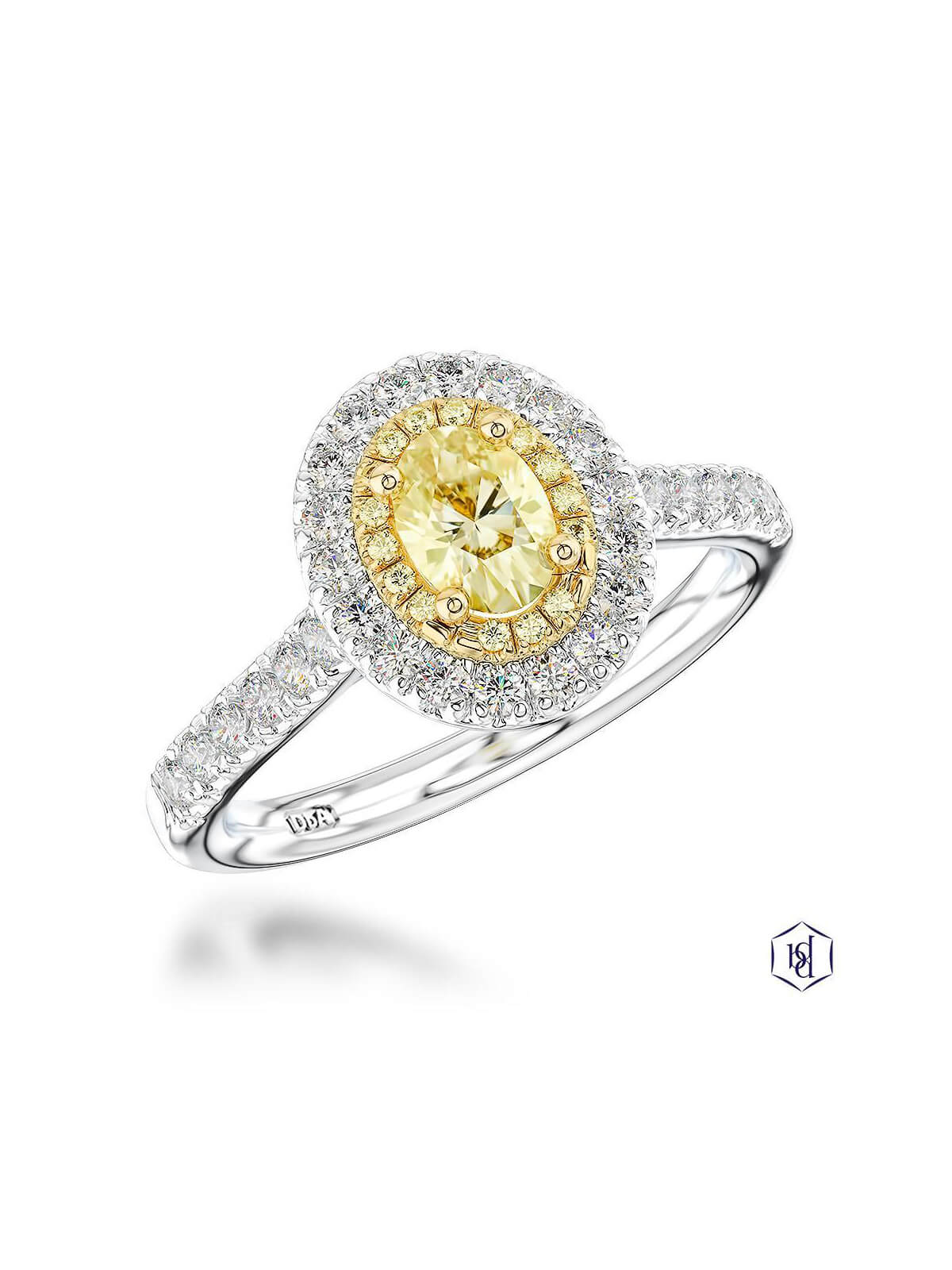 Skye Duo Oval Yellow Diamond & Diamond Halo Ring in Platinum & 18ct Yellow Gold