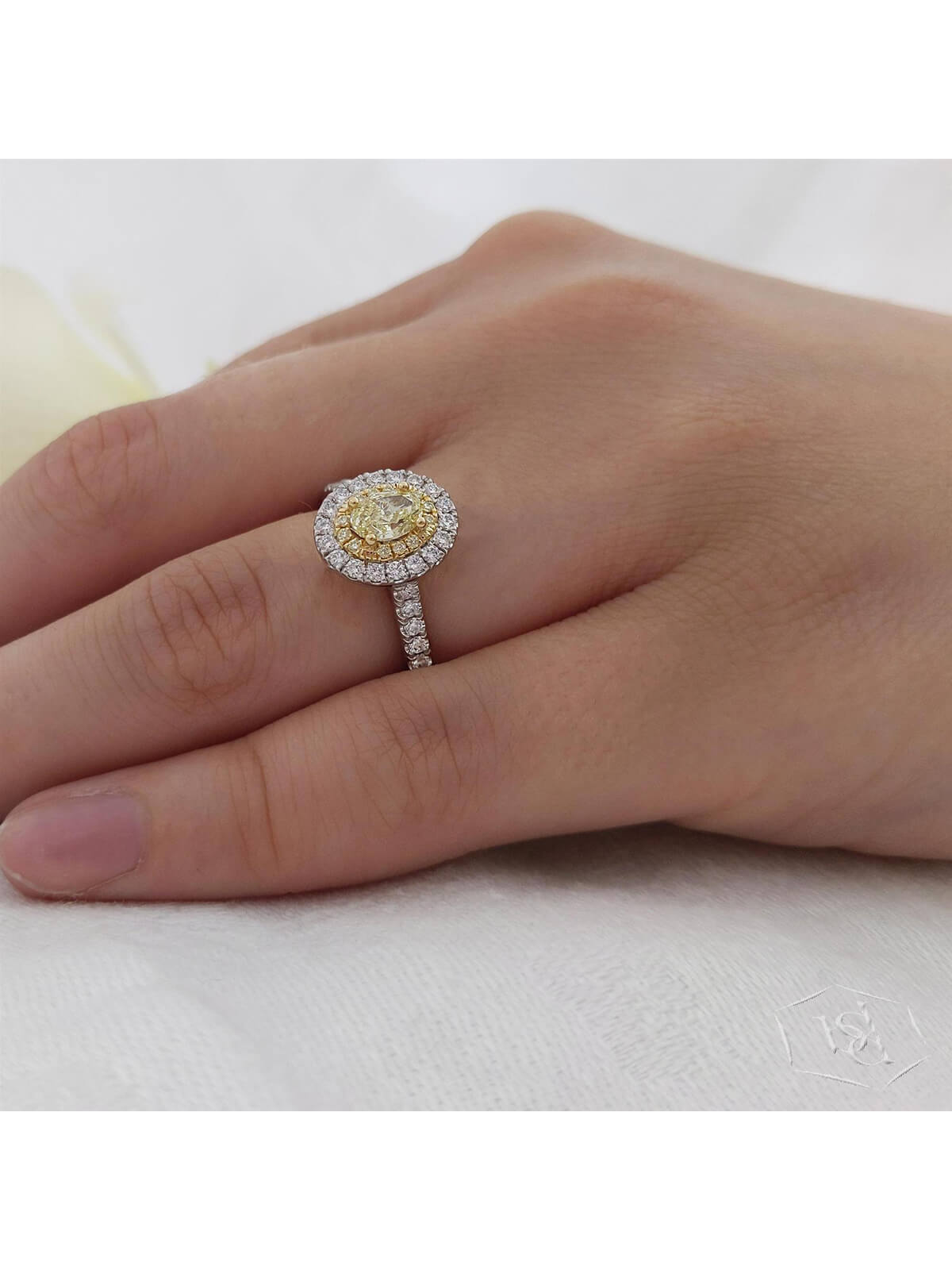 Skye Duo Oval Yellow Diamond & Diamond Halo Ring in Platinum & 18ct Yellow Gold