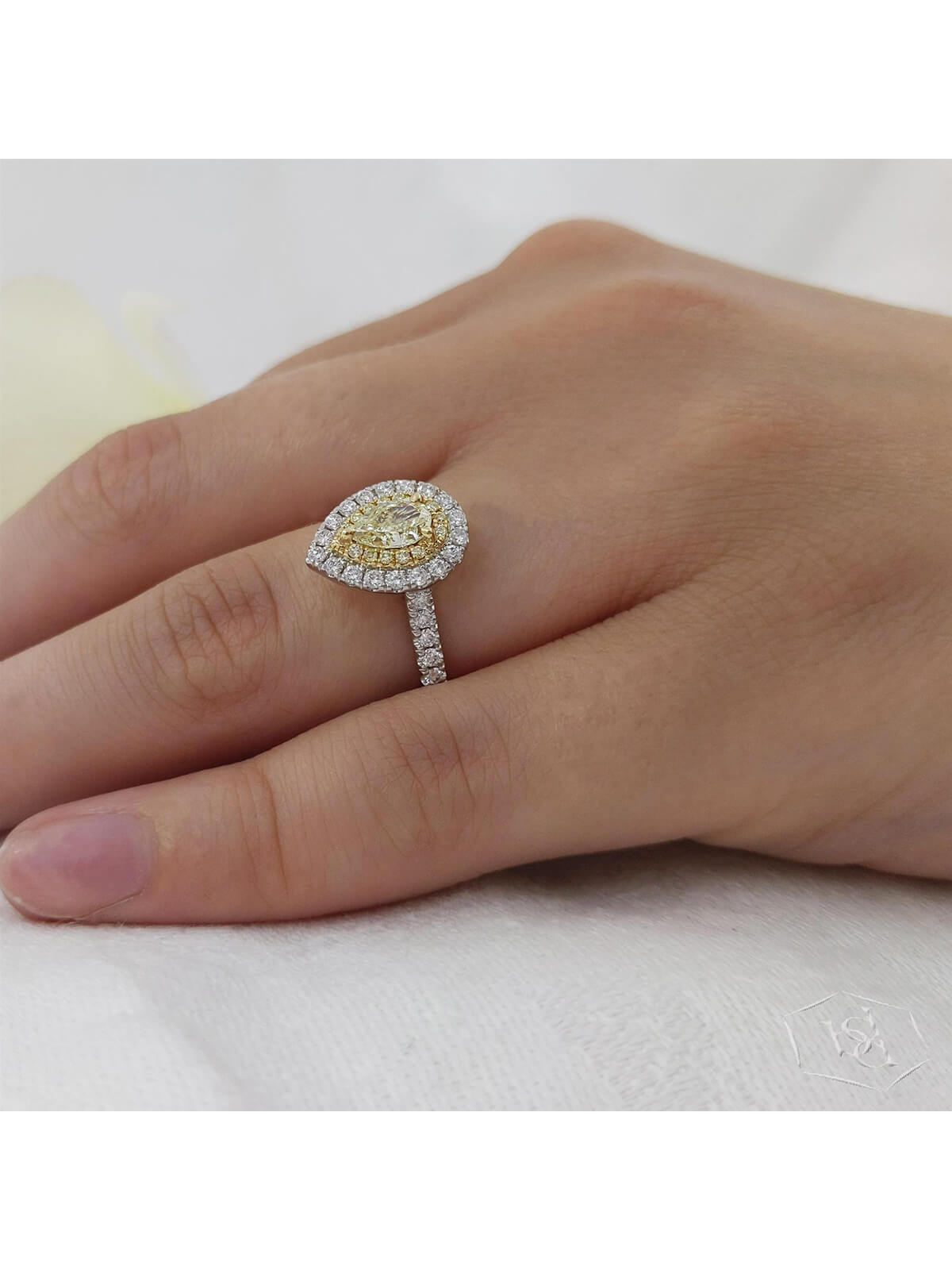 Skye Duo Pear Yellow Diamond & Diamond Halo Ring in 18ct Yellow Gold & Platinum with Diamond Set Shoulders