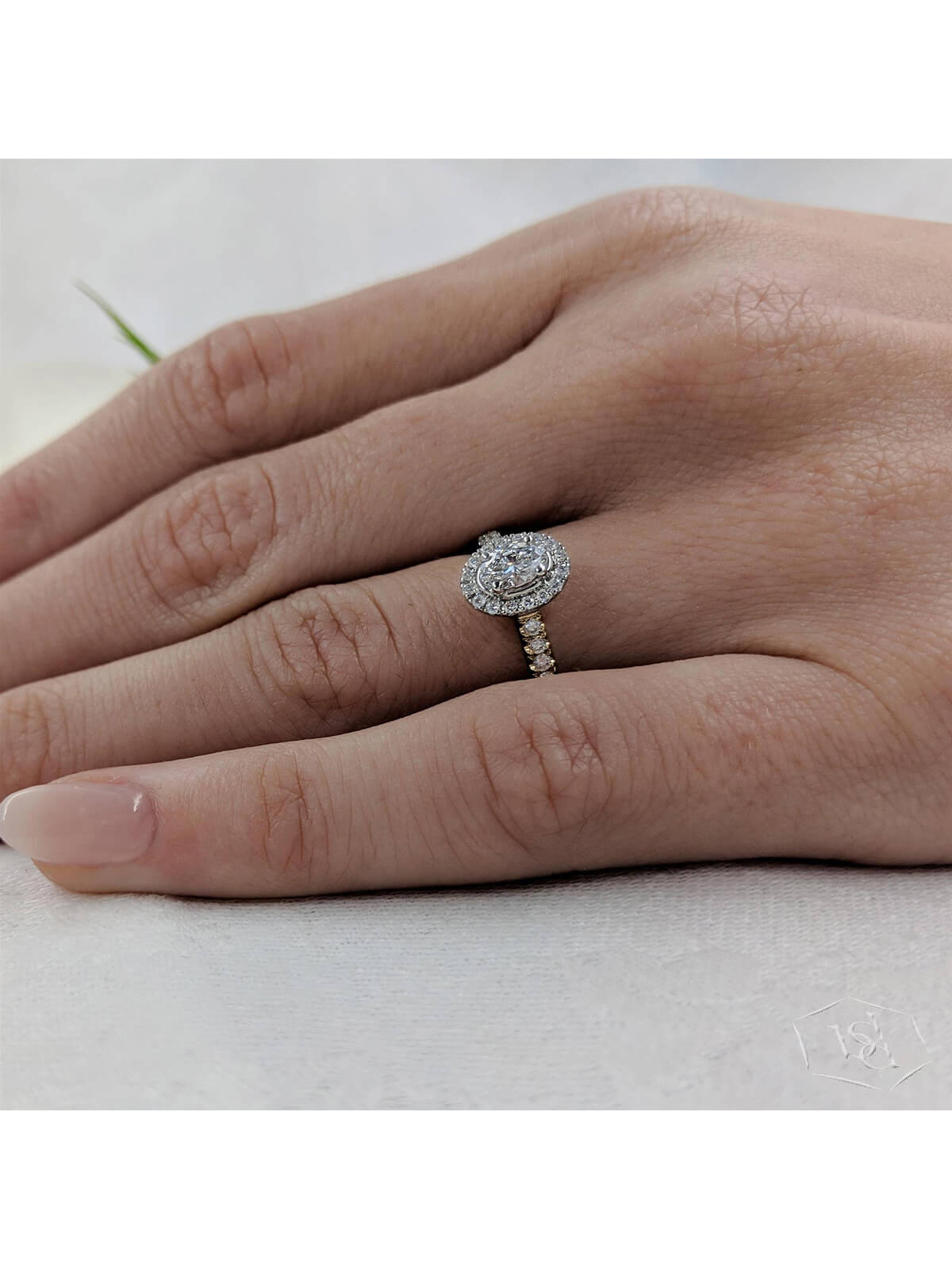Skye Oval Diamond Halo Ring in 18ct Yellow Gold & Platinum with Diamond Set Shoulders