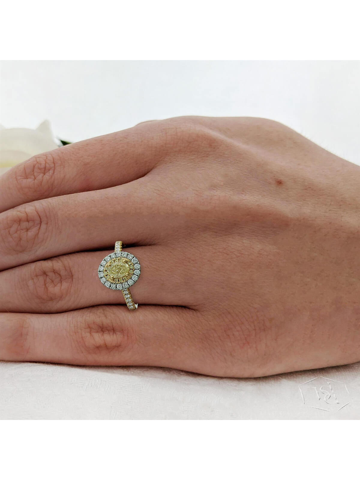 Skye Duo Oval Yellow Diamond & Diamond Halo Ring in 18ct Yellow Gold & Platinum