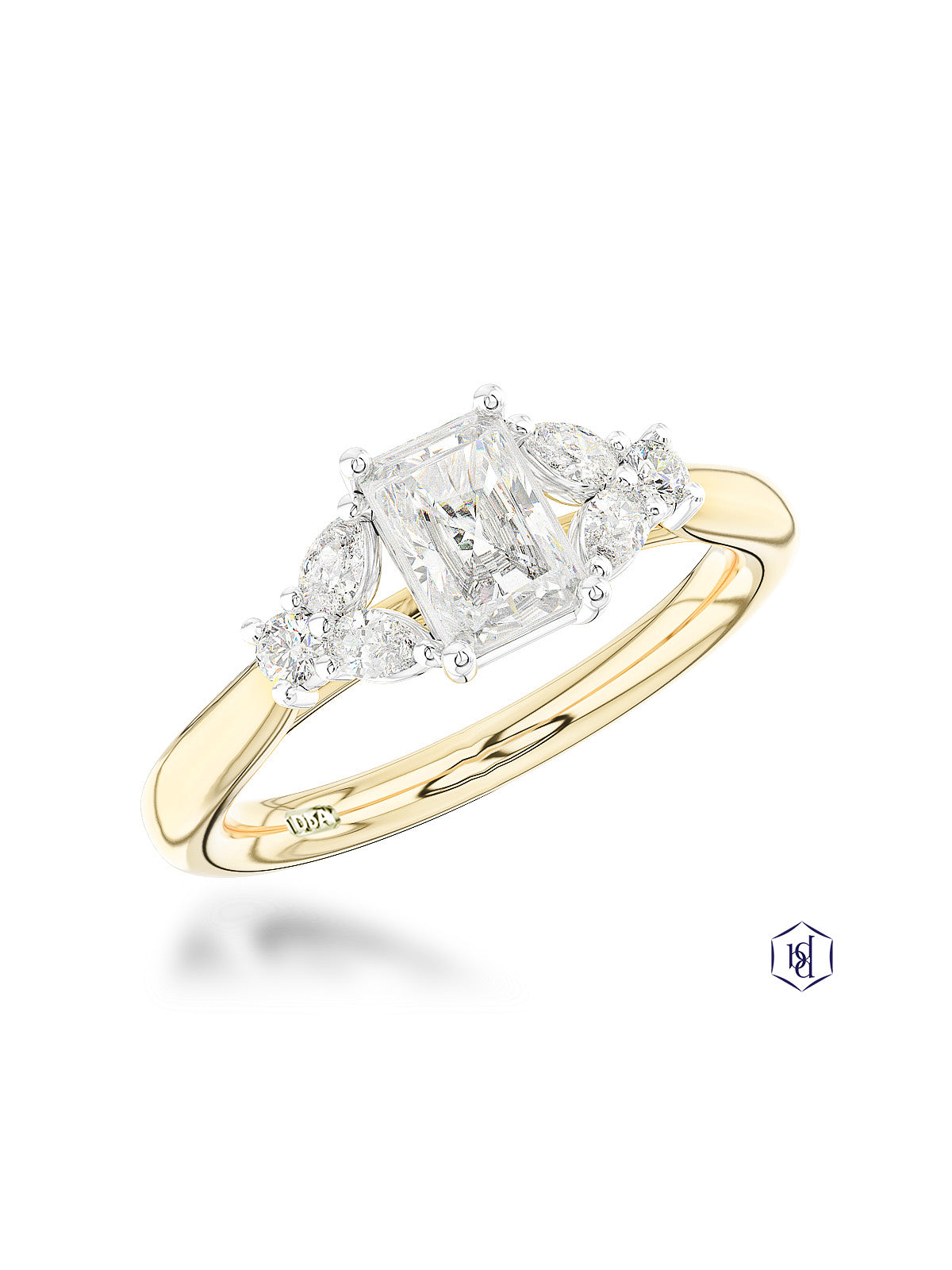 Amara Radiant 1.01ct Diamond Radiant Cut Solitaire Ring in 18ct Yellow Gold with Pear & Brilliant Cut Diamond Shoulders