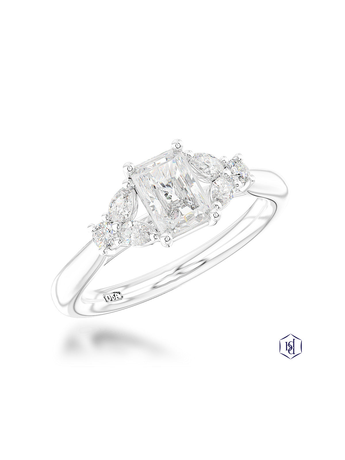 Amara Radiant 0.61ct Diamond Radiant Cut Solitaire Ring in Platinum with Pear & Brilliant Cut Diamond Shoulders