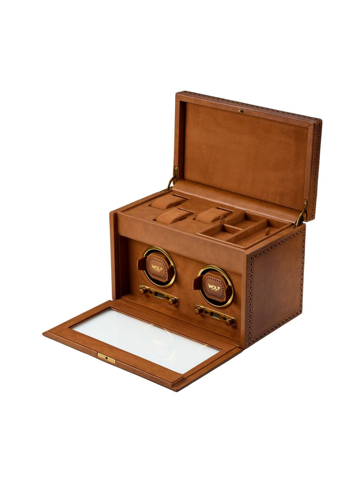 WOLF Brogue Double Watch Winder with Storage - Burnished Brown