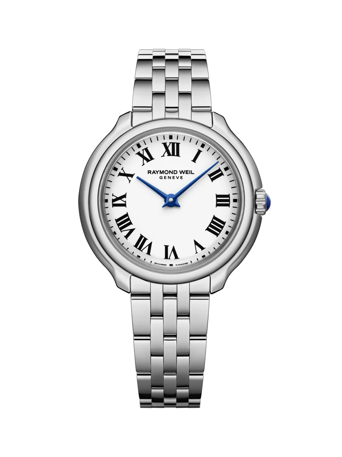 RAYMOND WEIL Toccata Heritage with 28mm case, steel bracelet and white dial on a white background.